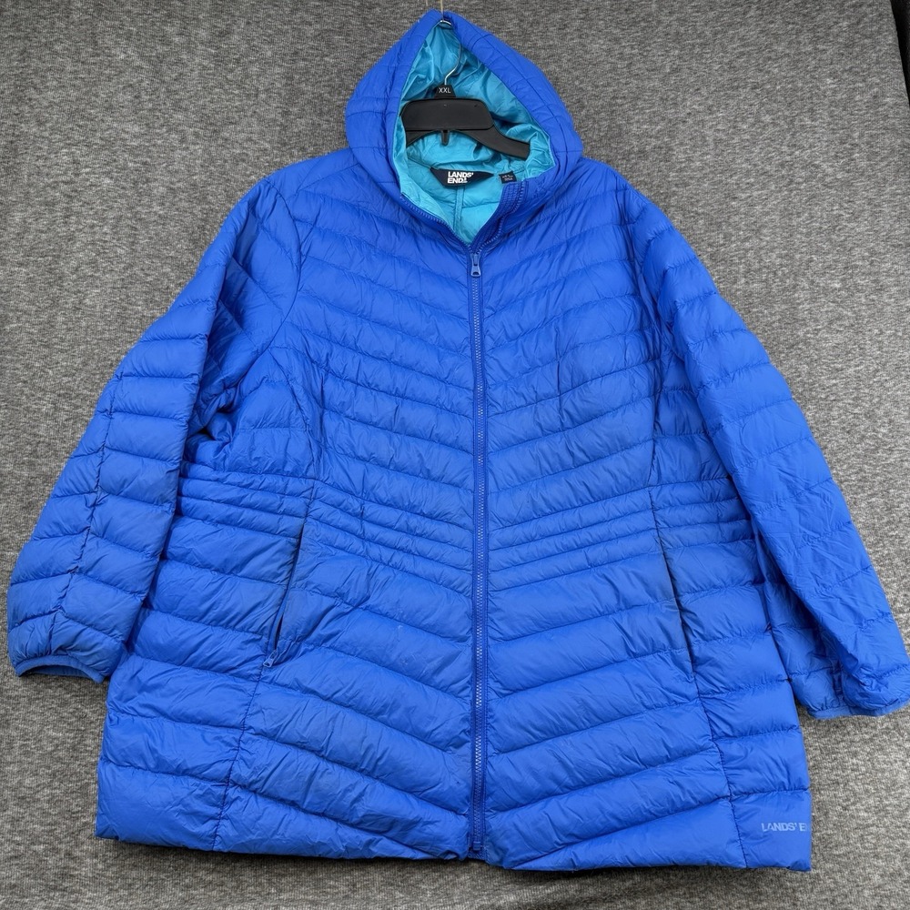 Lands End Ultralight Packable Down Jacket Womens Plus 2X Blue Hooded Puffer Coat